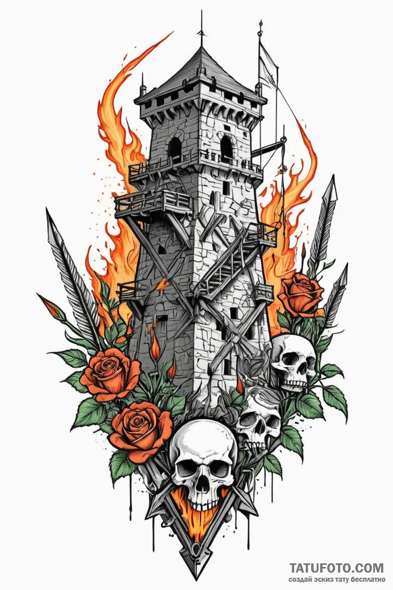 Castle siege tower moving through a field of... - эскиз тату (№1750810856_1, 25.06.2025 00:20) — Tatufoto.com