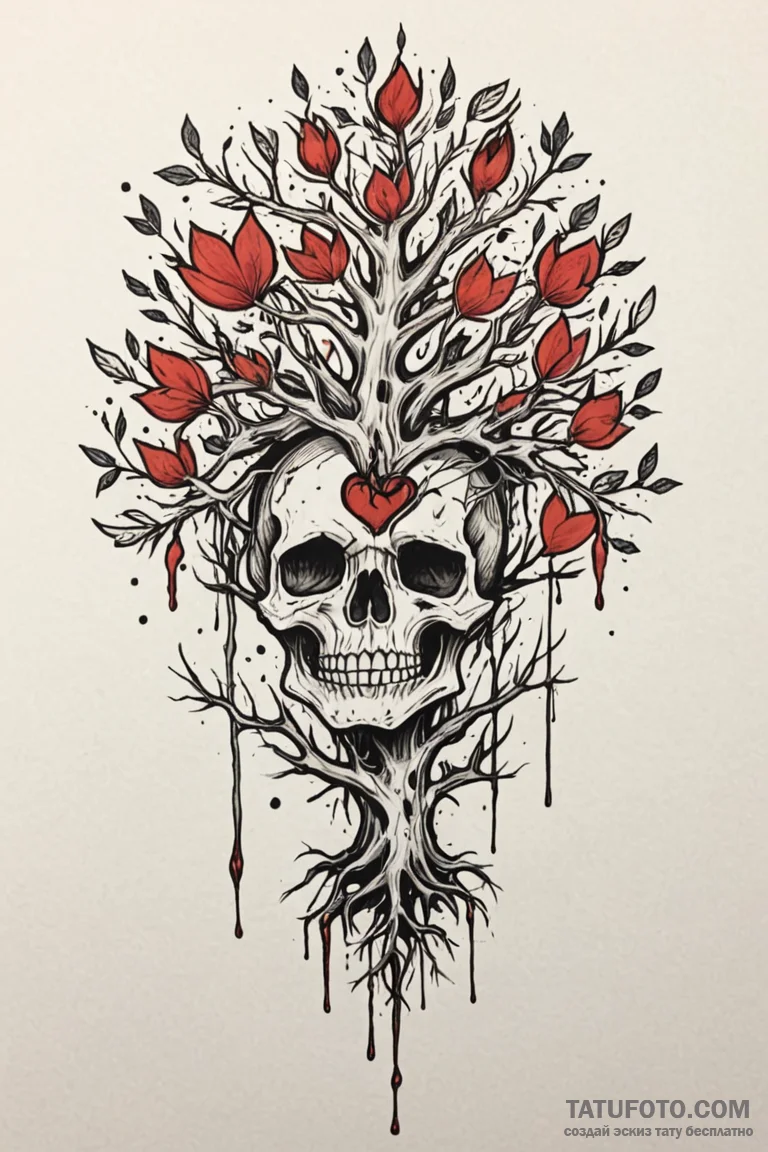 Scarlet crown beneath bone tree, tattoo line... - эскиз тату (№1750845509_0, 25.06.2025 09:58) — Tatufoto.com