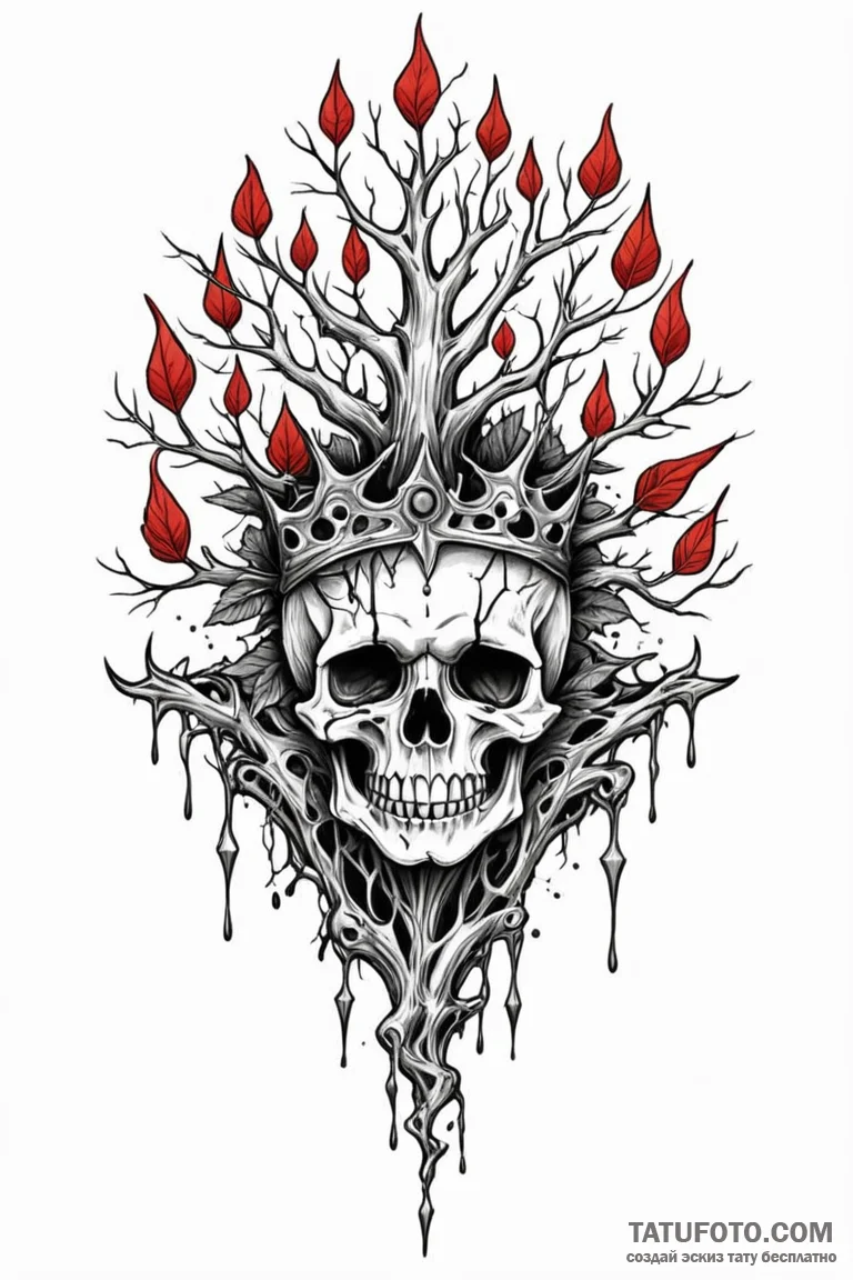 Scarlet crown beneath bone tree, tattoo line... - эскиз тату (№1750845509_1, 25.06.2025 09:58) — Tatufoto.com