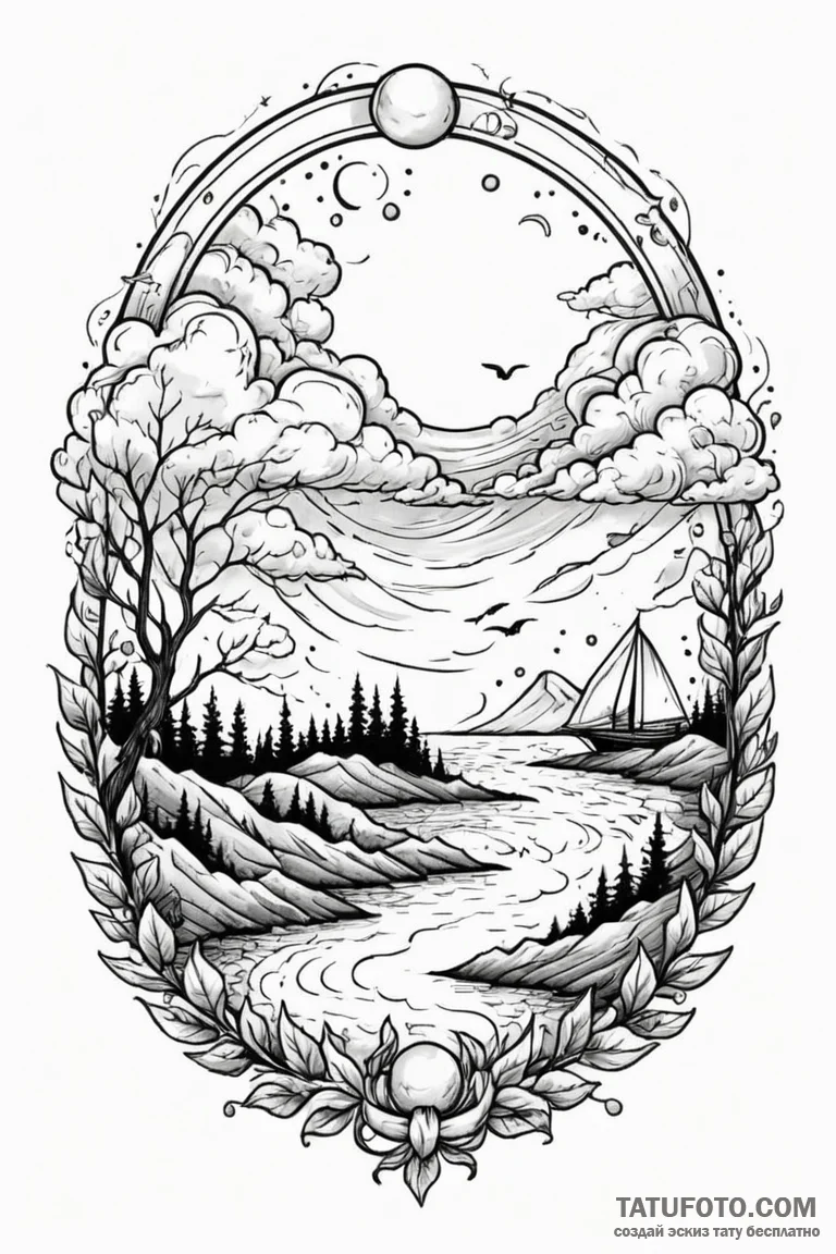 Opal path beneath spectral clouds, ink illust... - эскиз тату (№1750846257_0, 25.06.2025 10:10) — Tatufoto.com