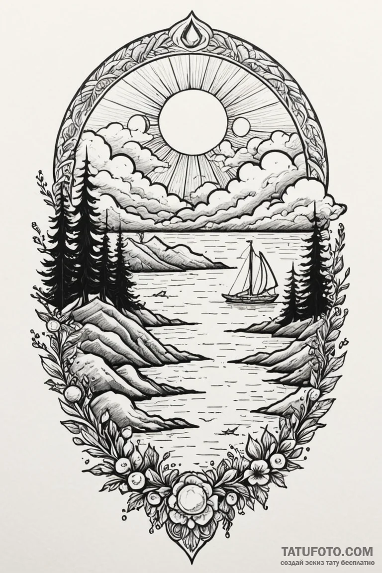 Opal path beneath spectral clouds, ink illust... - эскиз тату (№1750846257_1, 25.06.2025 10:10) — Tatufoto.com