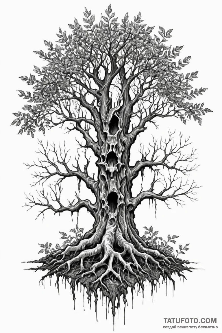 Kobold bones beneath tree roots, tattoo line... - эскиз тату (№1750848579_0, 25.06.2025 10:49) — Tatufoto.com