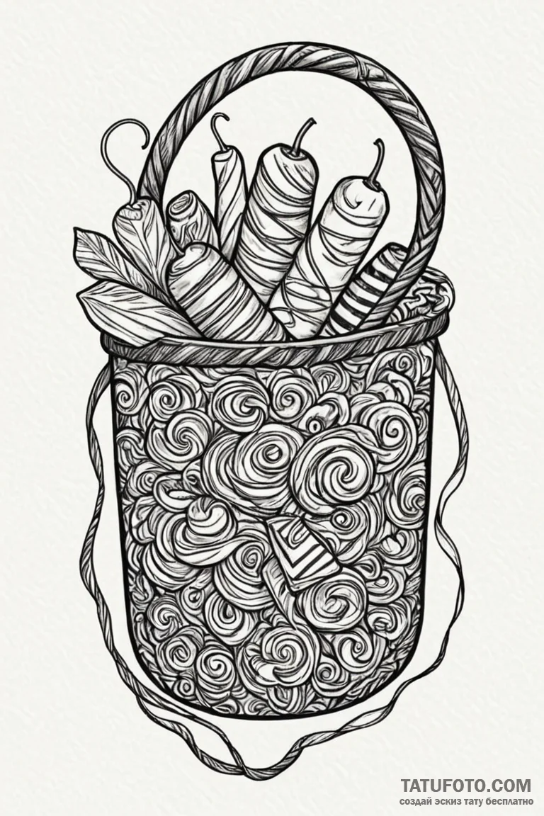 A detailed bag of candy, sweet,, tattoo line... - эскиз тату (№1750848660_1, 25.06.2025 10:51) — Tatufoto.com
