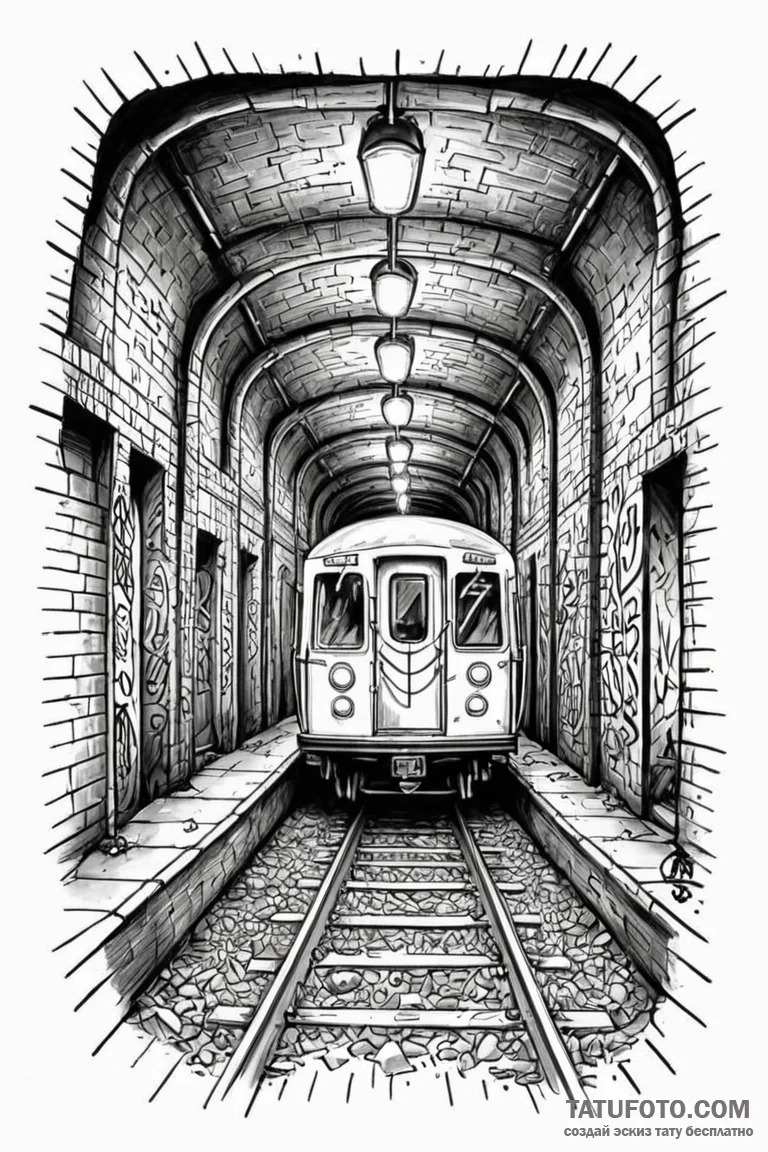 Subway car, graffiti-covered, speeding throug... - эскиз тату (№1750849459_0, 25.06.2025 11:04) — Tatufoto.com