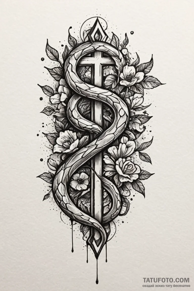 Iron serpent through shattered bloom, ink ill... - эскиз тату (№1750849602_1, 25.06.2025 11:06) — Tatufoto.com