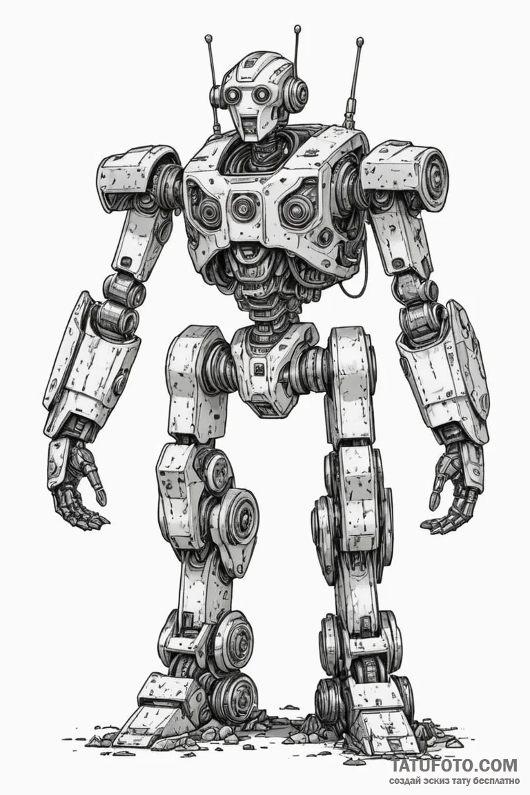 Fighting robot from a junkyard, patched with... - эскиз тату (№1750850254_1, 25.06.2025 11:17) — Tatufoto.com