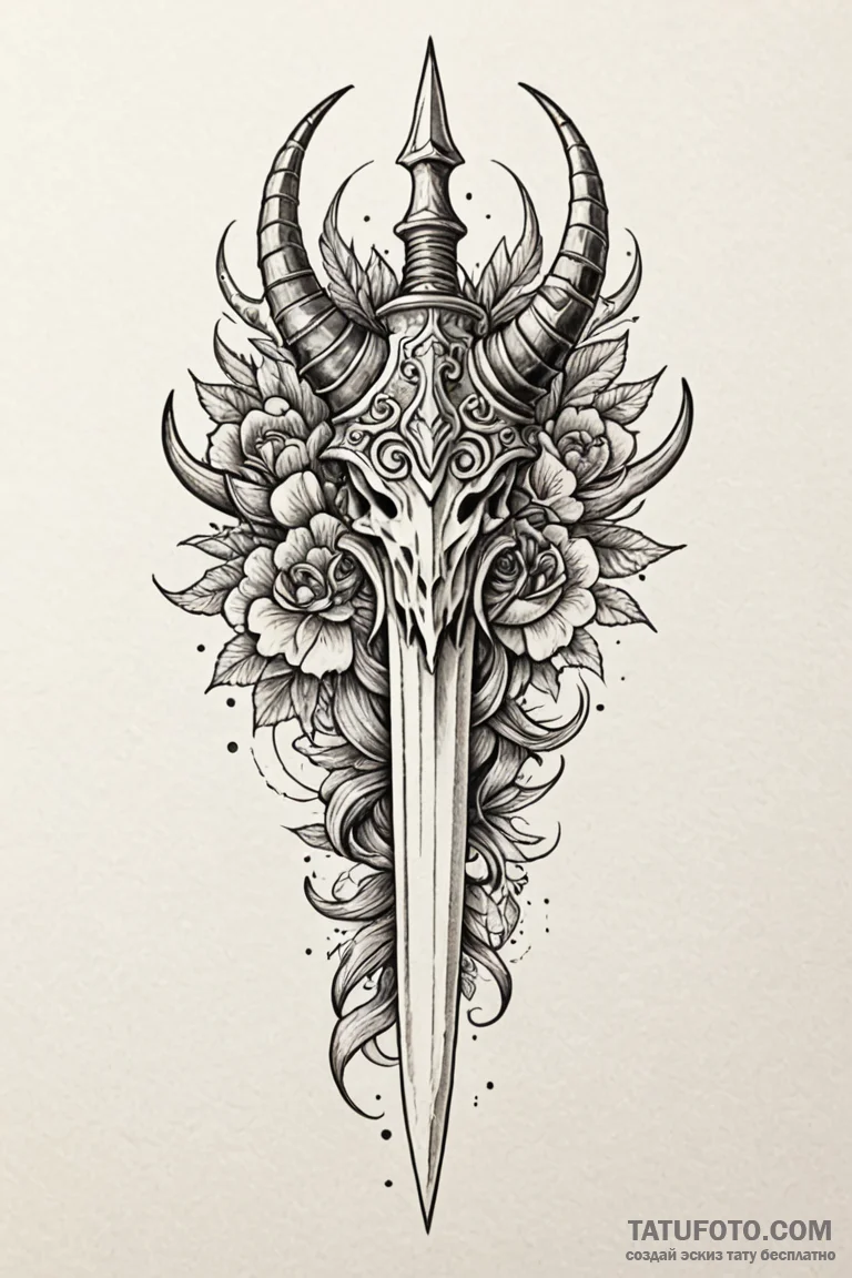 Horned dagger crowned with bone, tattoo line... - эскиз тату (№1750852264_0, 25.06.2025 11:51) — Tatufoto.com