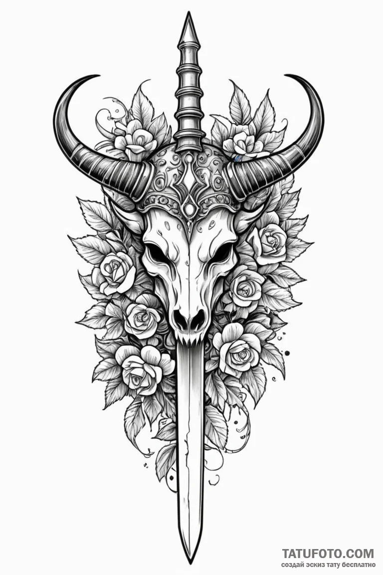 Horned dagger crowned with bone, tattoo line... - эскиз тату (№1750852264_1, 25.06.2025 11:51) — Tatufoto.com