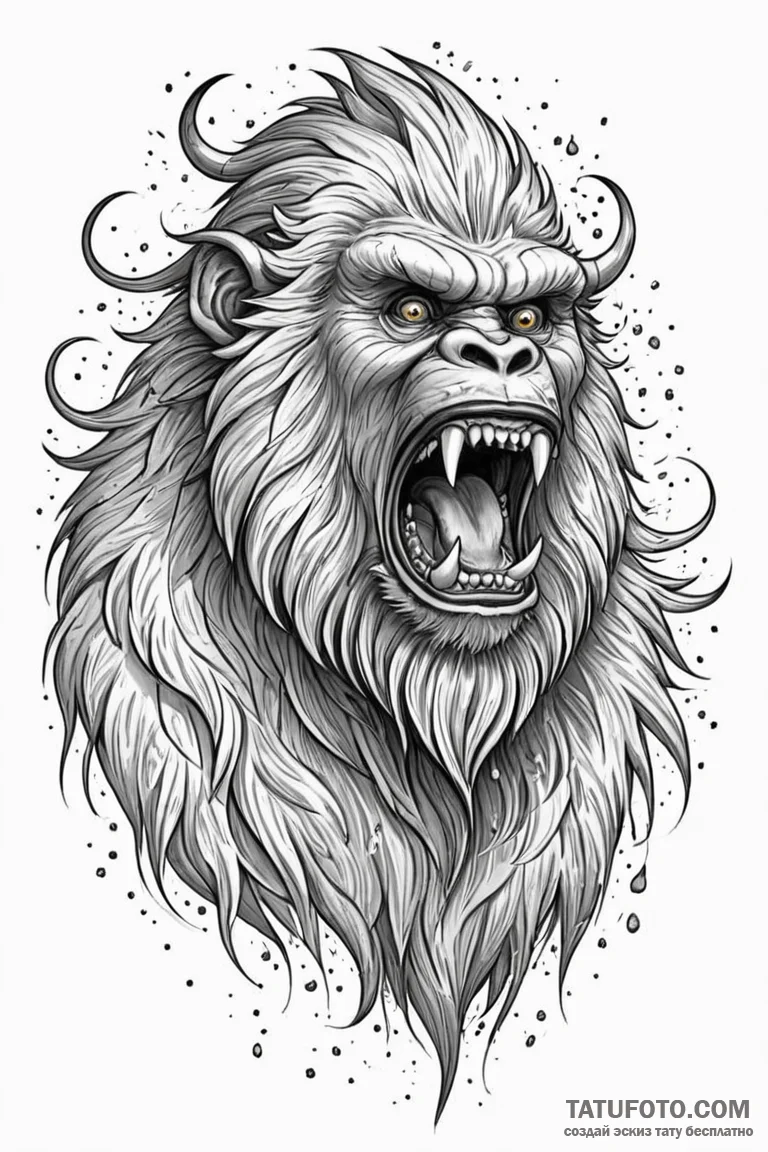 Yeti roaring in a snowstorm, tattoo drawing o... - эскиз тату (№1750852582_1, 25.06.2025 11:56) — Tatufoto.com
