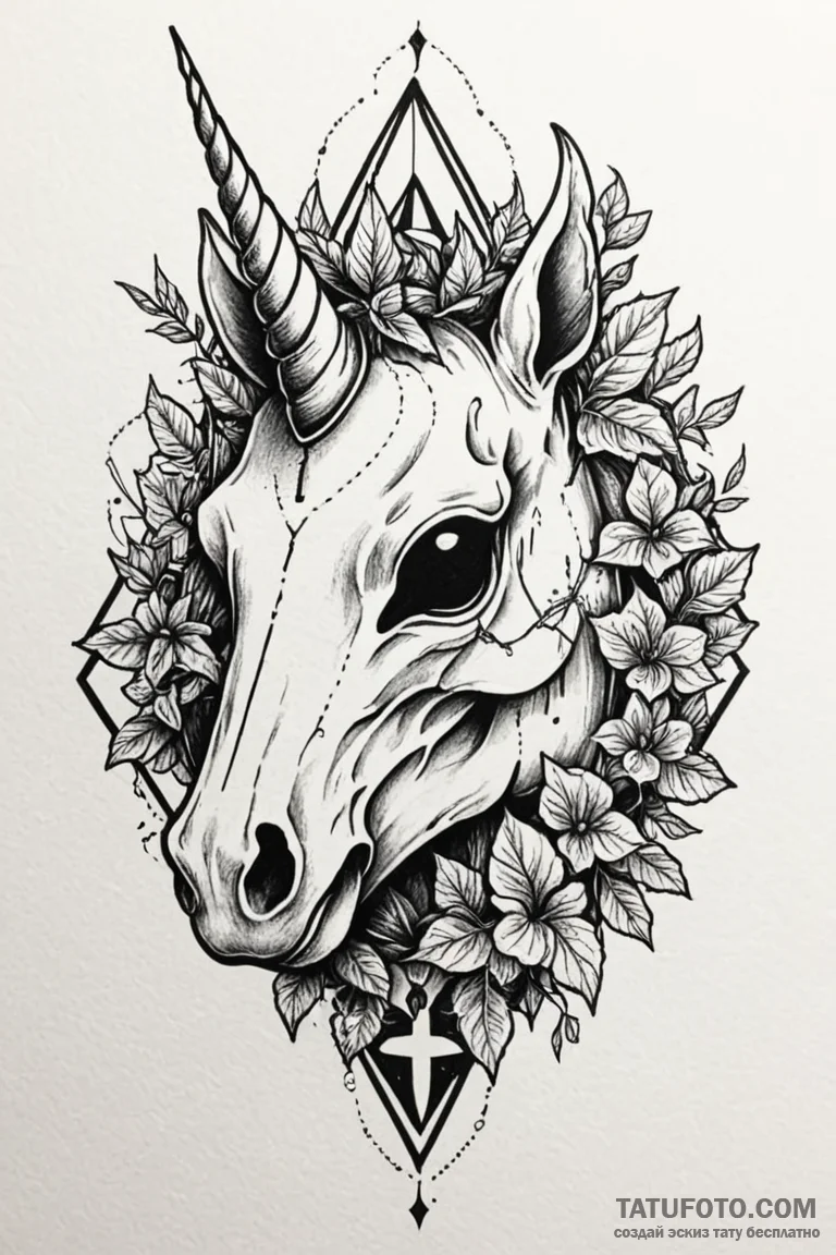 Unicorn skull crowned with ivy, tattoo flash... - эскиз тату (№1750852653_1, 25.06.2025 11:57) — Tatufoto.com
