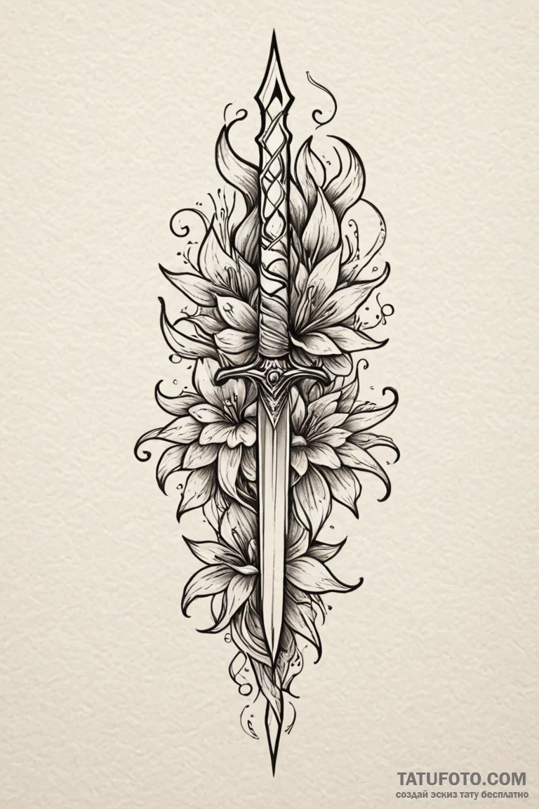 Flaming dagger through spectral bloom, tattoo... - эскиз тату (№1750852731_0, 25.06.2025 11:58) — Tatufoto.com