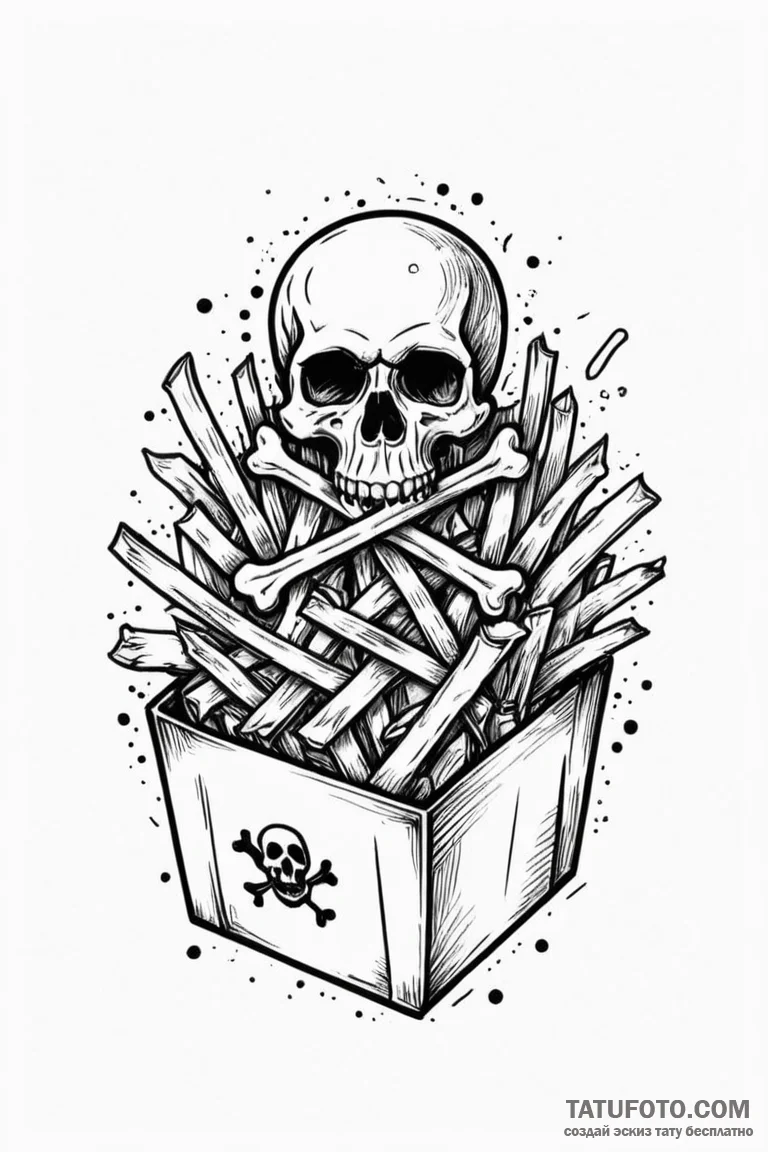 Box of french fries with a skull and crossbon... - эскиз тату (№1750855608_0, 25.06.2025 12:46) — Tatufoto.com