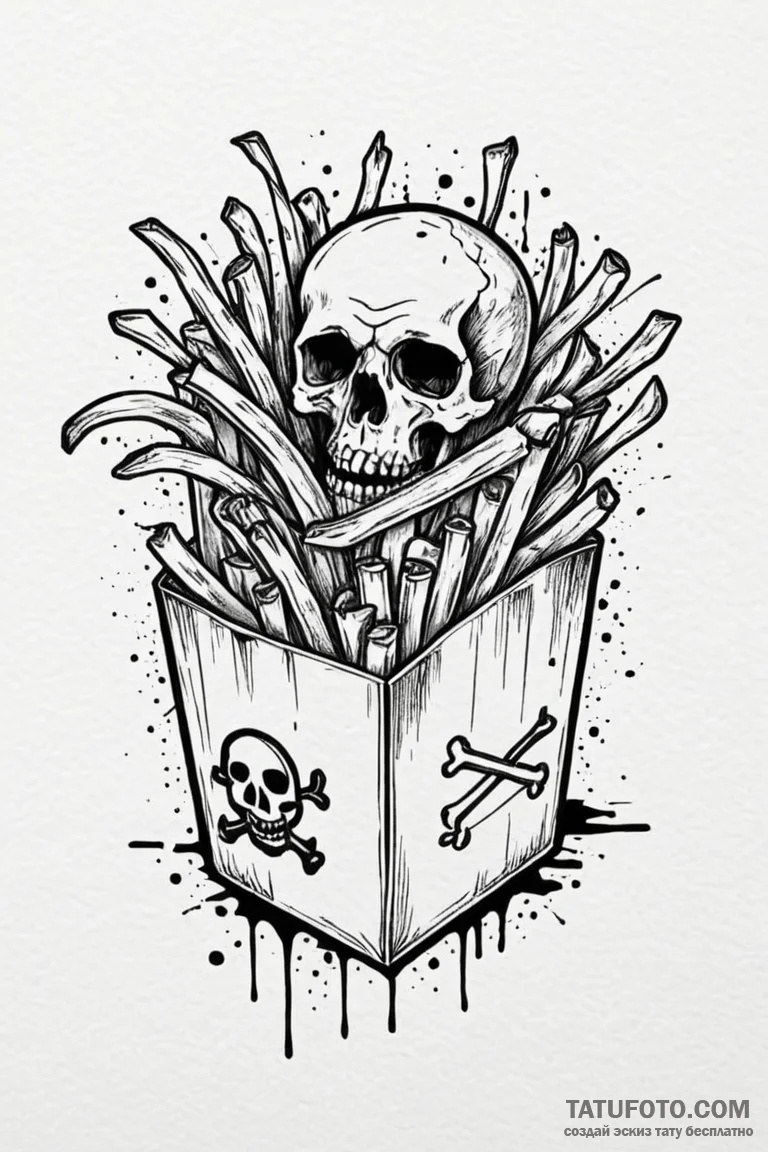 Box of french fries with a skull and crossbon... - эскиз тату (№1750855608_1, 25.06.2025 12:46) — Tatufoto.com