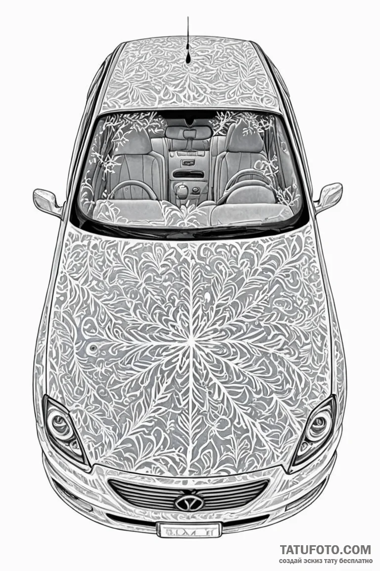 The intricate patterns of frost on a car wind... - эскиз тату (№1750858352_0, 25.06.2025 13:32) — Tatufoto.com