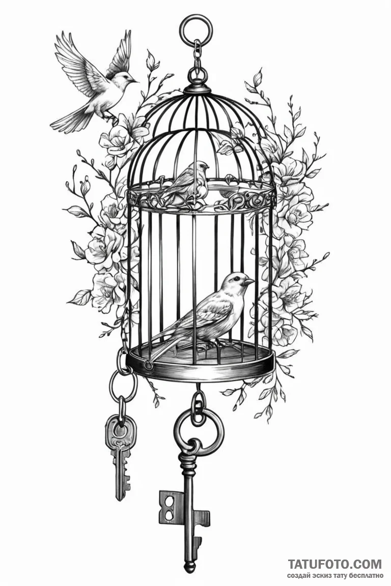 Tattoo sketch a key unlocking a birdcage, wit... - эскиз тату (№1750861229_0, 25.06.2025 14:20) — Tatufoto.com