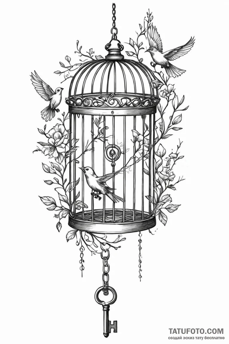 Tattoo sketch a key unlocking a birdcage, wit... - эскиз тату (№1750861229_1, 25.06.2025 14:20) — Tatufoto.com