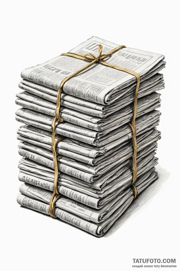 A close-up of a stack of old, yellowed newspa... - эскиз тату (№1750861389_0, 25.06.2025 14:23) — Tatufoto.com