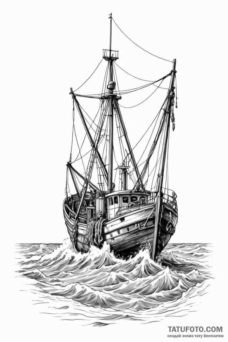 A fishing trawler on a rough sea, nets being... - эскиз тату (№1750862965_0, 25.06.2025 14:49) — Tatufoto.com