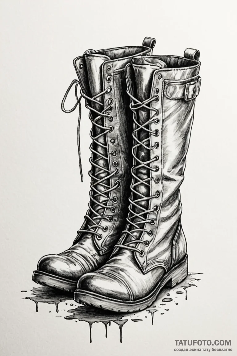 Tattoo design a pair of combat boots, scuffed... - эскиз тату (№1750864006_1, 25.06.2025 15:06) — Tatufoto.com