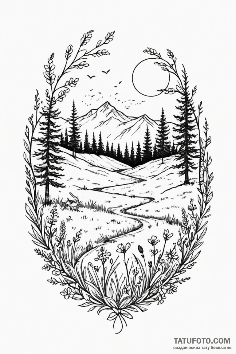 Tattoo design: a landscape of a serene meadow... - эскиз тату (№1750864421_0, 25.06.2025 15:13) — Tatufoto.com