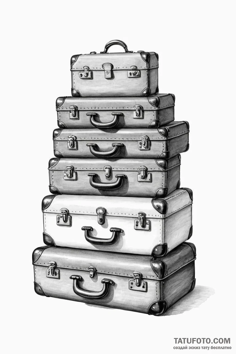 A stack of old, vintage suitcases. - эскиз тату (№1750864507_0, 25.06.2025 15:15) — Tatufoto.com