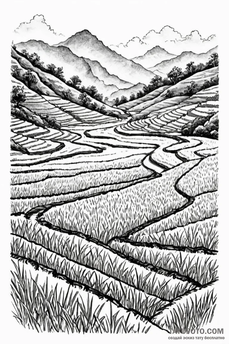 A shot of a rice paddy terrace in vietnam. - эскиз тату (№1750870794_0, 25.06.2025 16:59) — Tatufoto.com