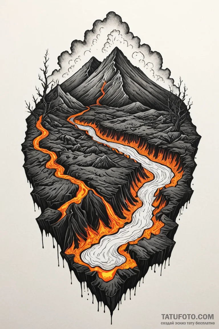Tattoo sketch a volcanic landscape with glowi... - эскиз тату (№1750872889_0, 25.06.2025 17:34) — Tatufoto.com