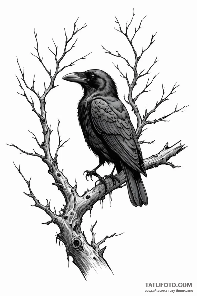 Tattoo sketch a raven or crow perched on a gn... - эскиз тату (№1750873420_0, 25.06.2025 17:43) — Tatufoto.com