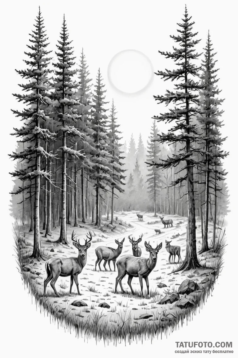 A small herd of deer grazing in a forest clea... - эскиз тату (№1750873711_0, 25.06.2025 17:48) — Tatufoto.com