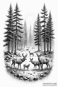 A small herd of deer grazing in a forest clea... - эскиз тату (№1750873711_1, 25.06.2025 17:48) — Tatufoto.com