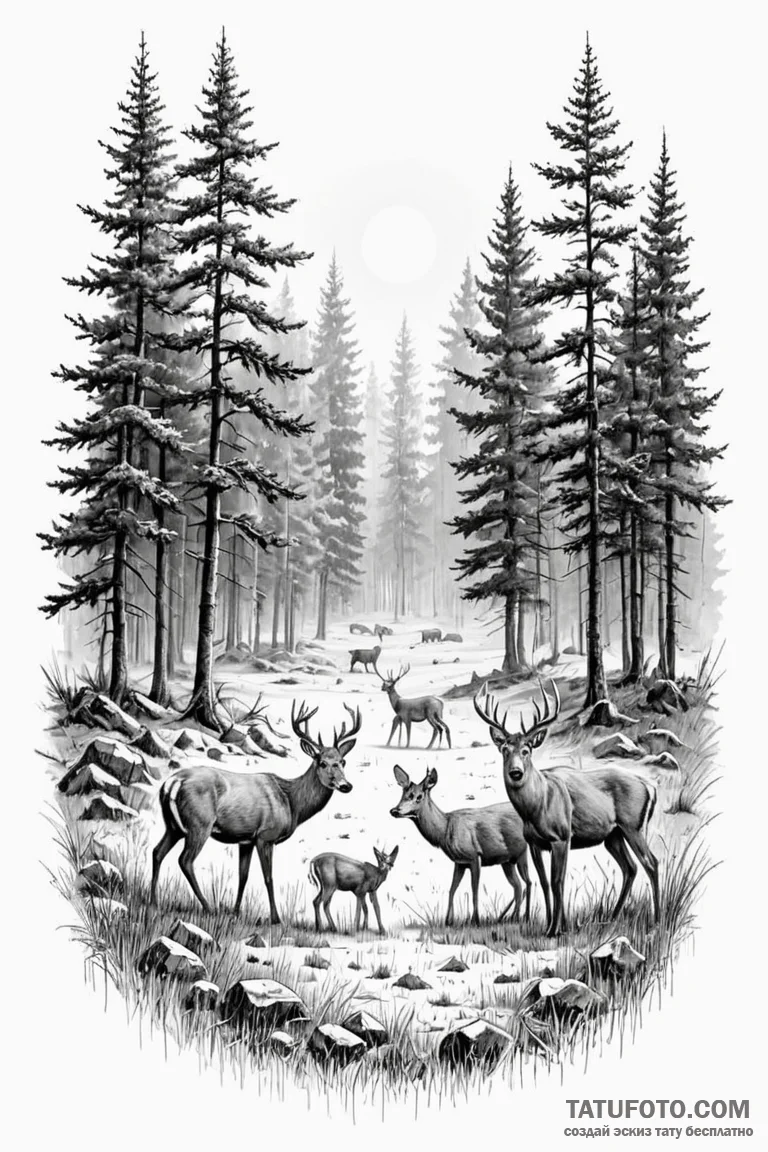 A small herd of deer grazing in a forest clea... - эскиз тату (№1750873711_1, 25.06.2025 17:48) — Tatufoto.com
