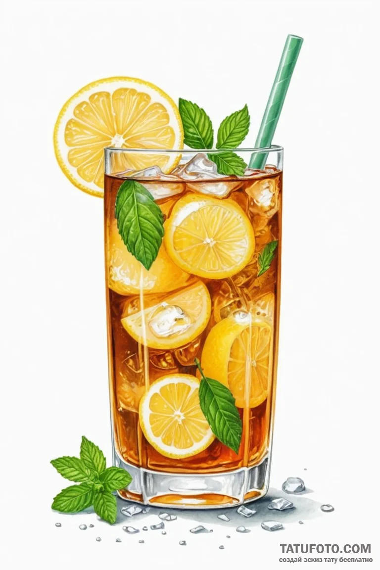 A glass of iced tea with lemon and mint, cond... - эскиз тату (№1750874604_0, 25.06.2025 18:03) — Tatufoto.com