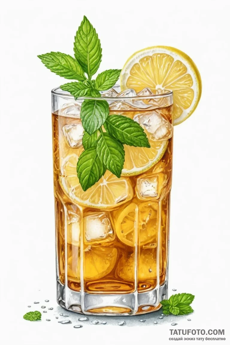 A glass of iced tea with lemon and mint, cond... - эскиз тату (№1750874604_1, 25.06.2025 18:03) — Tatufoto.com