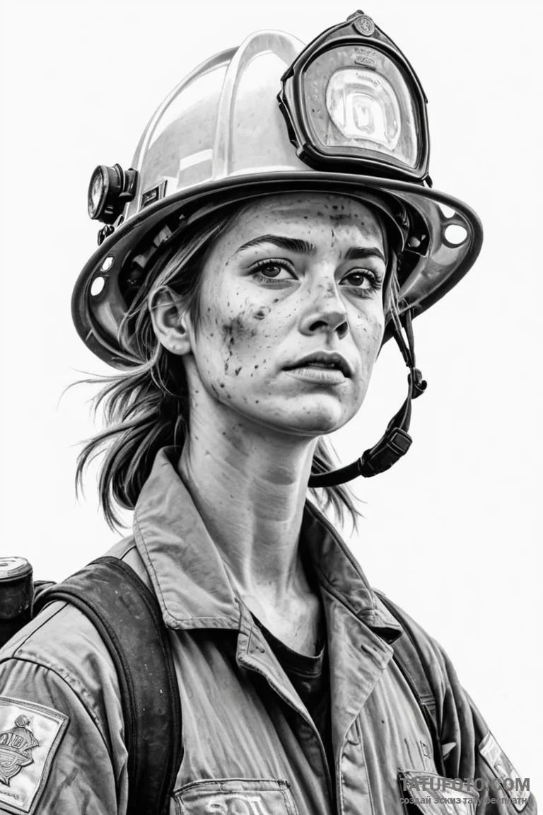 A powerful shot of a female firefighter, soot... - эскиз тату (№1750875539_0, 25.06.2025 18:18) — Tatufoto.com