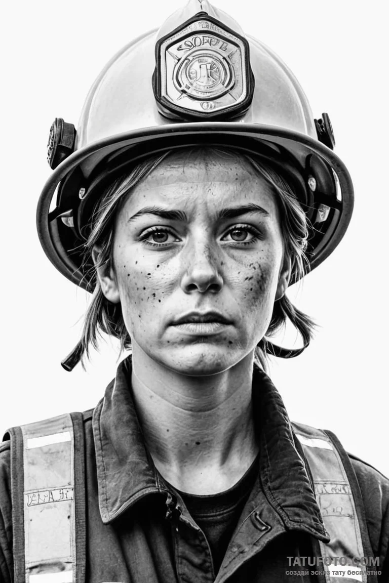 A powerful shot of a female firefighter, soot... - эскиз тату (№1750875539_1, 25.06.2025 18:18) — Tatufoto.com