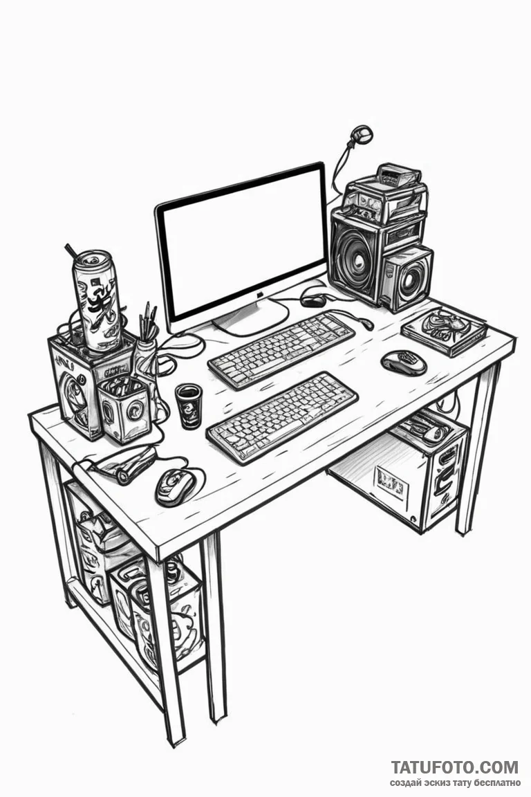 Tattoo sketch a gaming desk with a messy but... - эскиз тату (№1750877154_0, 25.06.2025 18:45) — Tatufoto.com