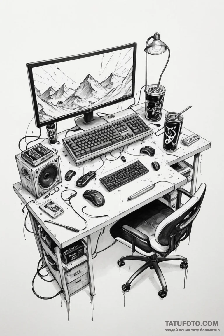Tattoo sketch a gaming desk with a messy but... - эскиз тату (№1750877154_1, 25.06.2025 18:45) — Tatufoto.com