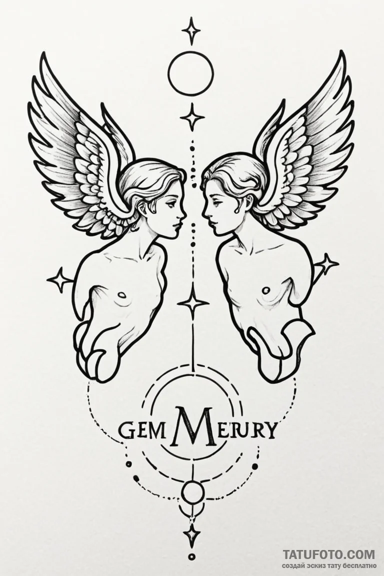 Tattoo sketch gemini twins, one with mercury'... - эскиз тату (№1750879114_0, 25.06.2025 19:18) — Tatufoto.com