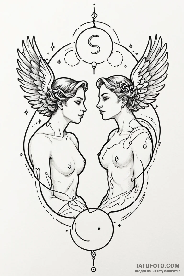 Tattoo sketch gemini twins, one with mercury'... - эскиз тату (№1750879114_1, 25.06.2025 19:18) — Tatufoto.com