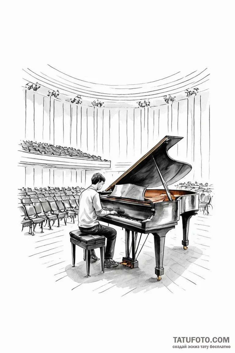 A person playing a grand piano in an empty co... - эскиз тату (№1750881720_0, 25.06.2025 20:02) — Tatufoto.com