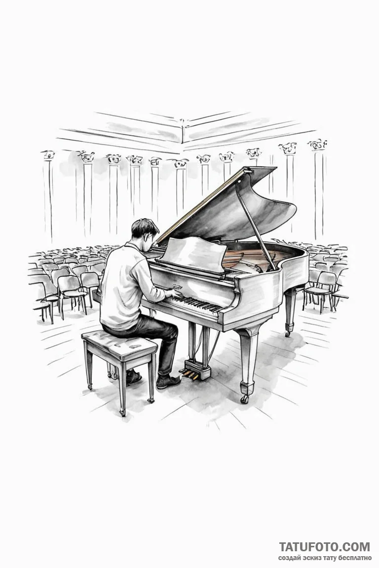 A person playing a grand piano in an empty co... - эскиз тату (№1750881720_1, 25.06.2025 20:02) — Tatufoto.com