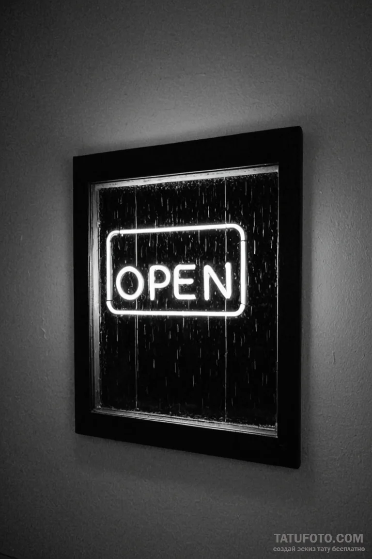 A neon "open" sign glowing in a window on a d... - эскиз тату (№1750884459_0, 25.06.2025 20:47) — Tatufoto.com