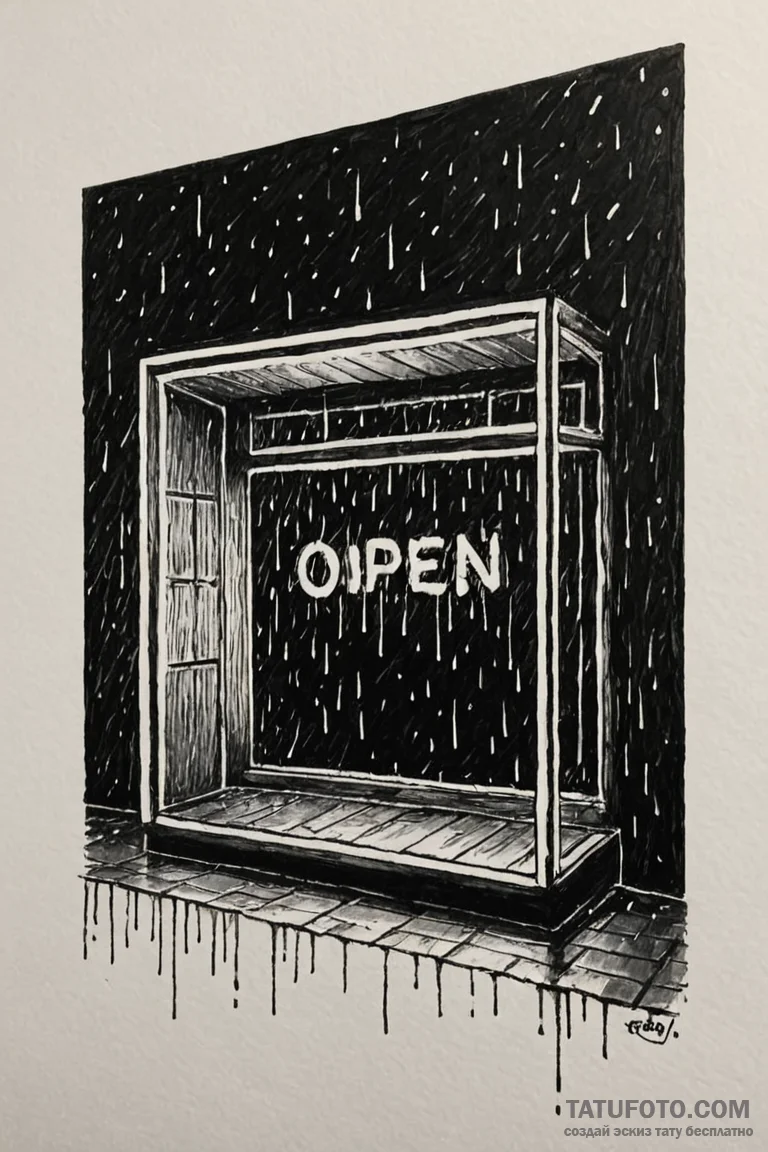 A neon "open" sign glowing in a window on a d... - эскиз тату (№1750884459_1, 25.06.2025 20:47) — Tatufoto.com