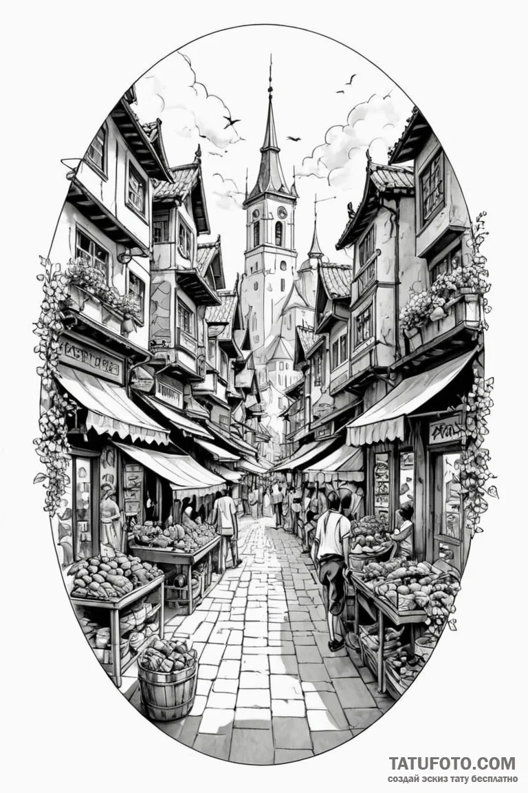 Tattoo design a vibrant market street from a... - эскиз тату (№1750886163_0, 25.06.2025 21:16) — Tatufoto.com