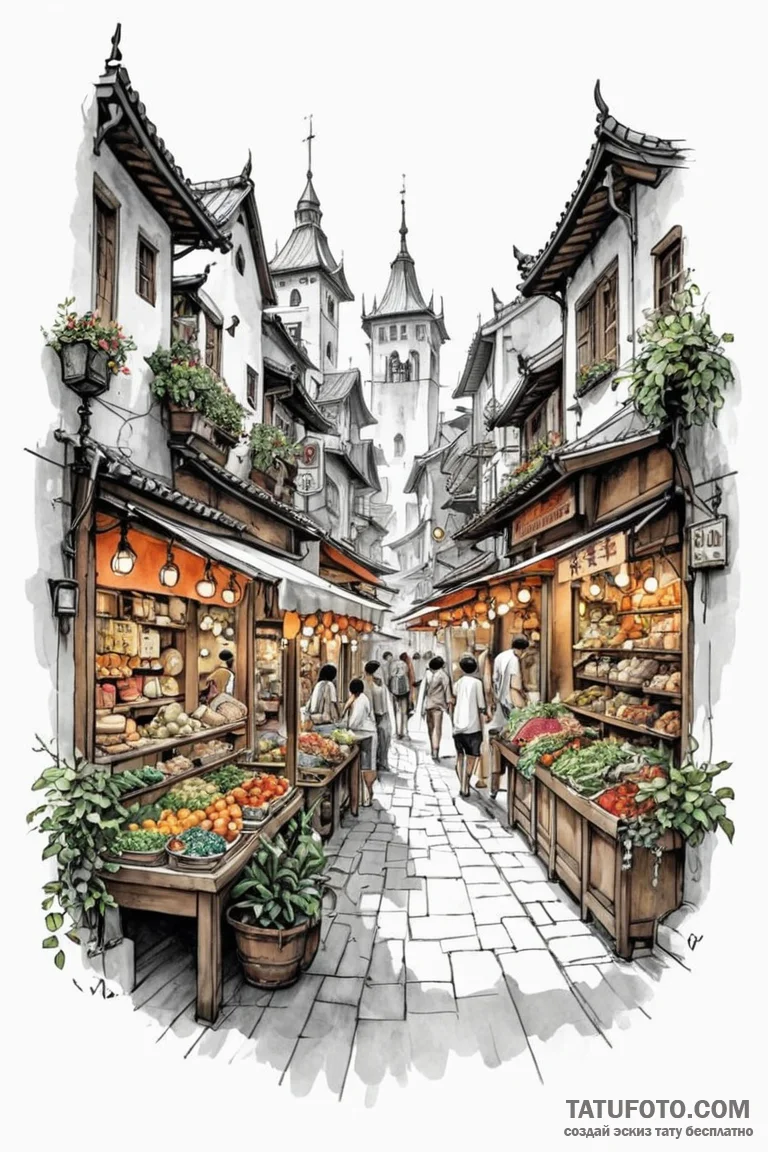 Tattoo design a vibrant market street from a... - эскиз тату (№1750886163_1, 25.06.2025 21:16) — Tatufoto.com