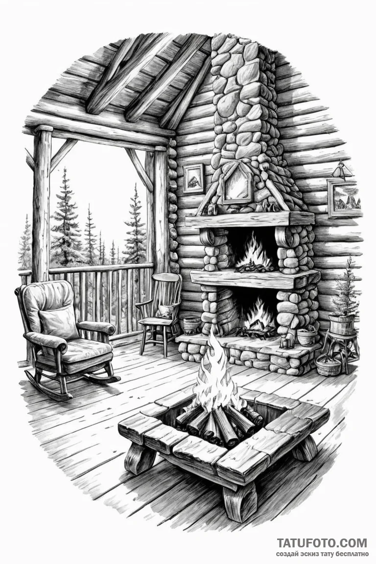 The interior of a log cabin with a fire roari... - эскиз тату (№1750887130_0, 25.06.2025 21:32) — Tatufoto.com