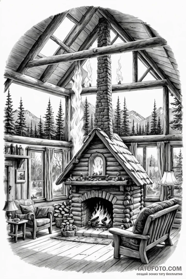 The interior of a log cabin with a fire roari... - эскиз тату (№1750887130_1, 25.06.2025 21:32) — Tatufoto.com
