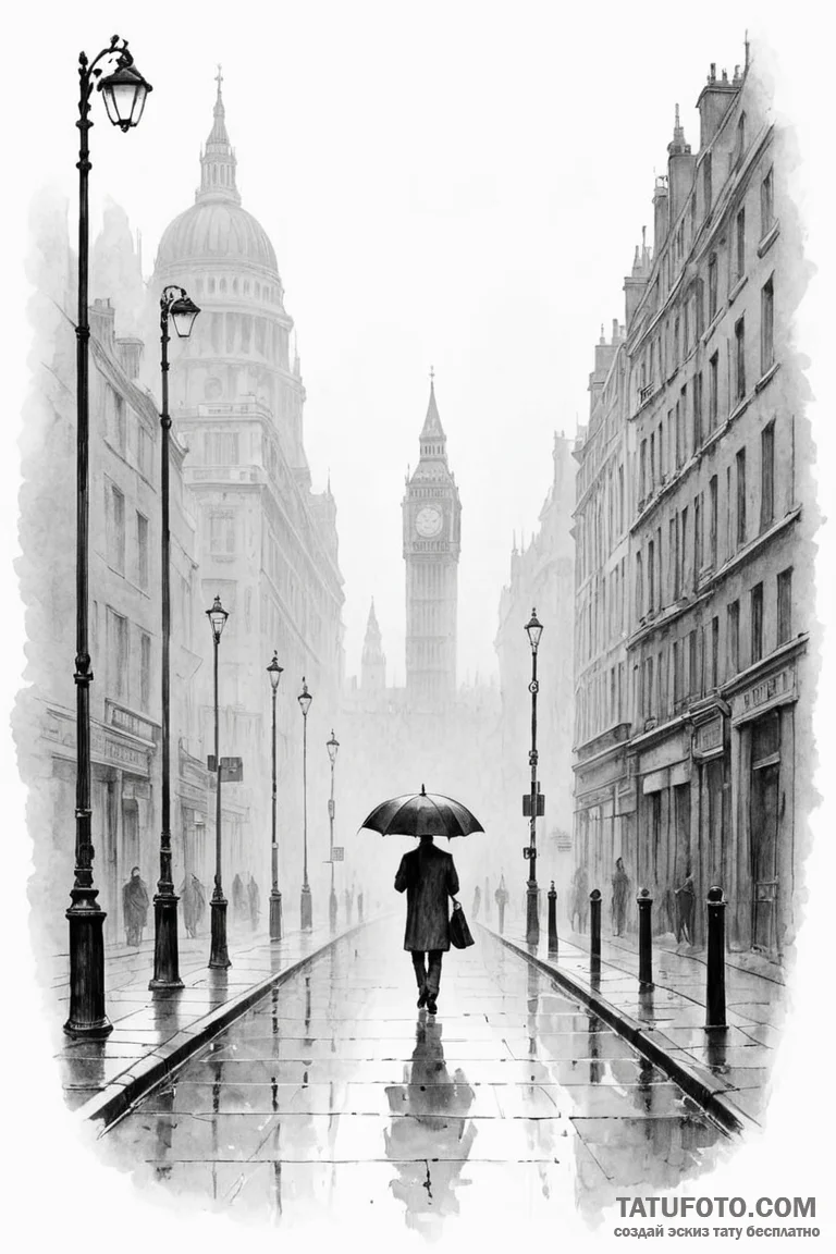 A lone figure with an umbrella walking down a... - эскиз тату (№1750887265_0, 25.06.2025 21:34) — Tatufoto.com