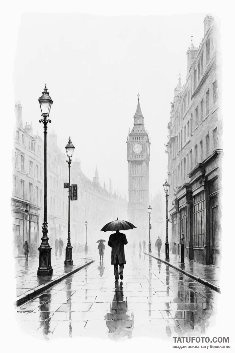 A lone figure with an umbrella walking down a... - эскиз тату (№1750887265_1, 25.06.2025 21:34) — Tatufoto.com