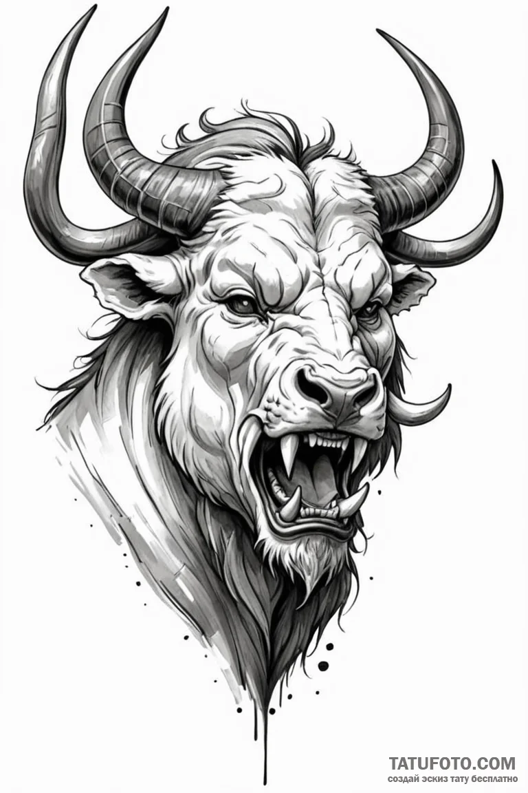 Tattoo sketch a roaring minotaur head, symbol... - эскиз тату (№1750888854_0, 25.06.2025 22:00) — Tatufoto.com